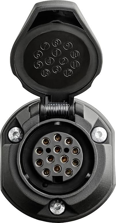 'Socket for trailer coupling with 13-pin contacts, open, showing internal view.'