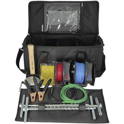 Open black tool bag with cable reels in red, blue and green, earthing clamps, hammer and earth probe.