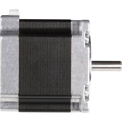 A silver stepper motor with black windings, shown from the side. The motor has a visible shaft on the right side.