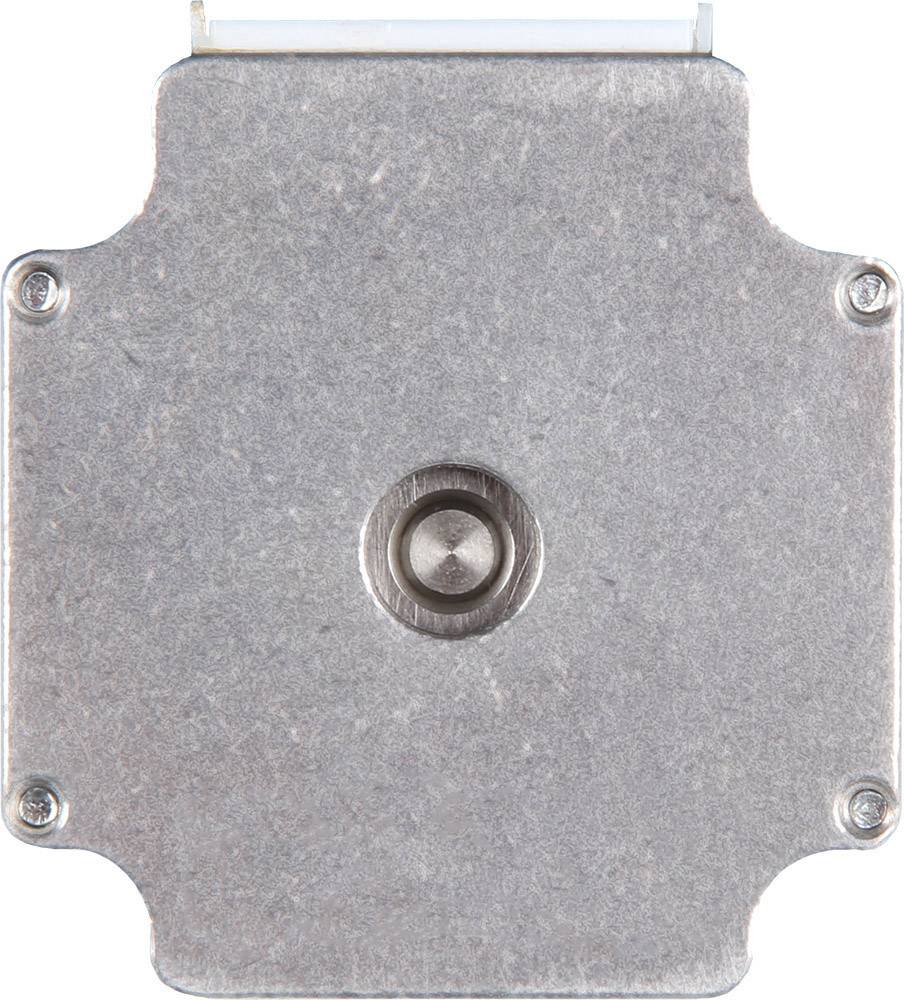 Metal plate with a central round button and four screws at the corners, likely a technical component or switch.