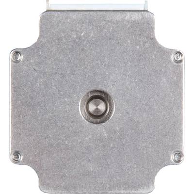Metal plate with a central round button and four screws at the corners, likely a technical component or switch.