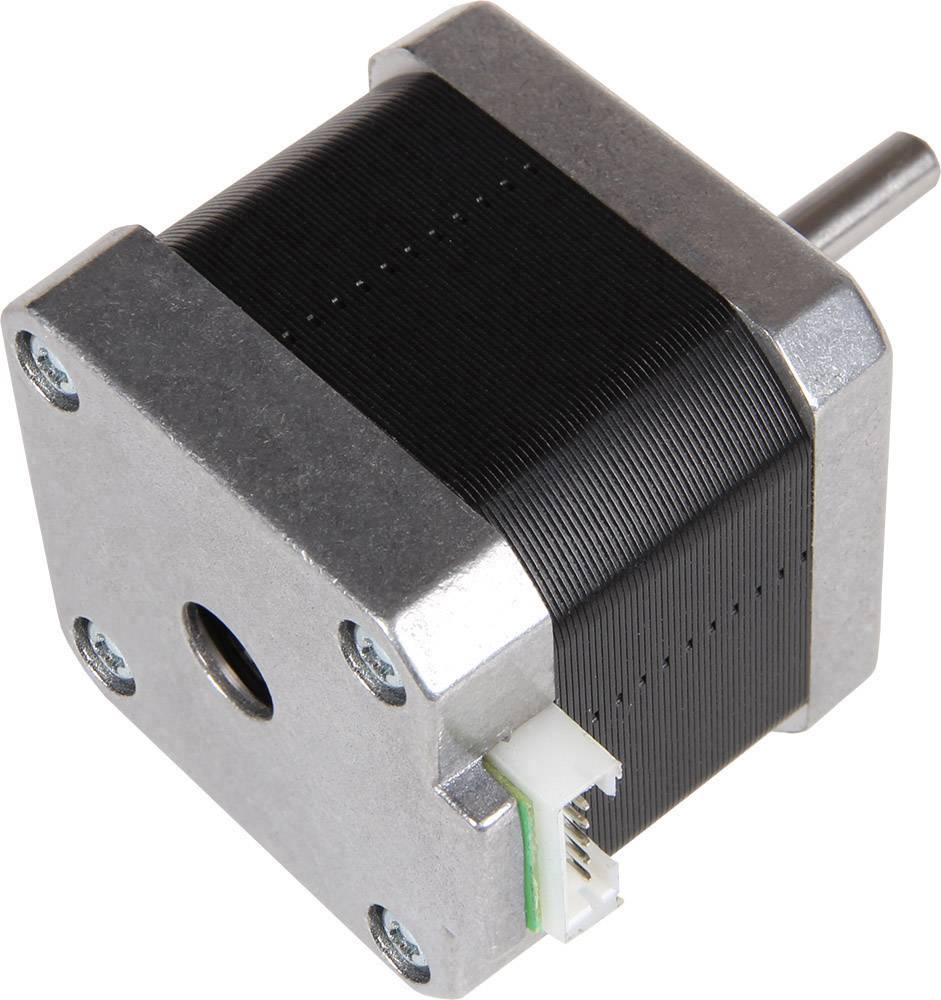 'Stepper motor with square base plate, black housing coating, visible metal shaft, four mounting screws.'