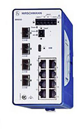 Industrial Ethernet switch with eight RJ45 ports and two SFP slots for fibre optic connections, blue and white housing.