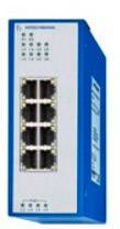 A blue network switch with eight Ethernet ports and LED indicators for connection status.