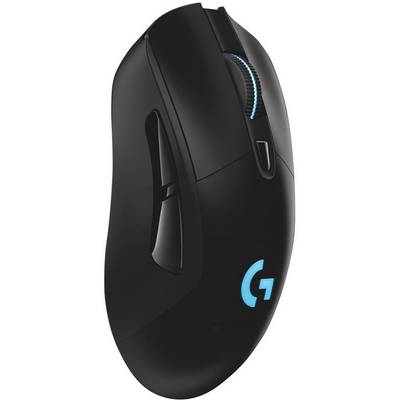 Black gaming mouse with blue illuminated logo and multiple buttons, ergonomically shaped. It features a backlit scroll wheel.