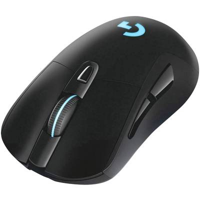 Black wireless gaming mouse with blue illumination and multiple buttons, including a scroll wheel with a blue light strip.