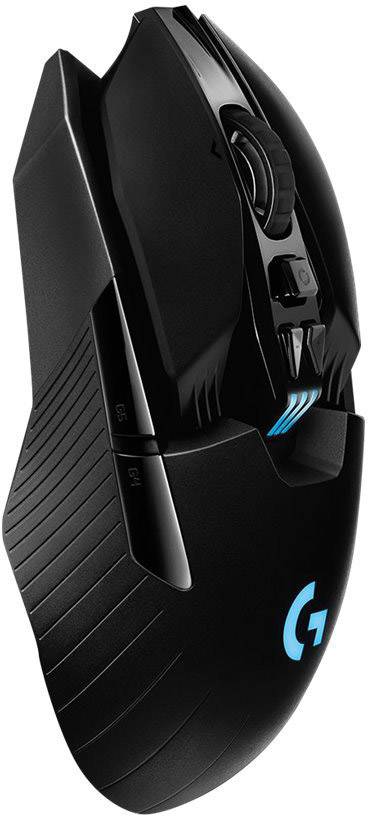 A black, ergonomic gaming mouse with multiple programmable buttons and an illuminated logo, designed for precise control.
