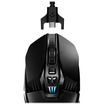 'Black gaming mouse viewed from above, showing two buttons and a scroll wheel in the centre; detachable top cover with logo above.'