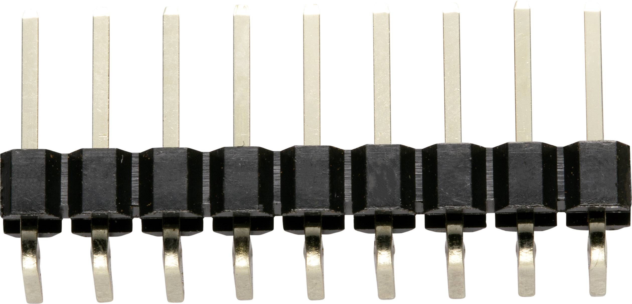 A row of metal pins in a black plastic housing, typically part of a connector in electronic devices.