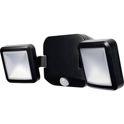 Black LED outdoor spotlight with two square light heads and integrated motion sensor, suitable for exterior lighting.
