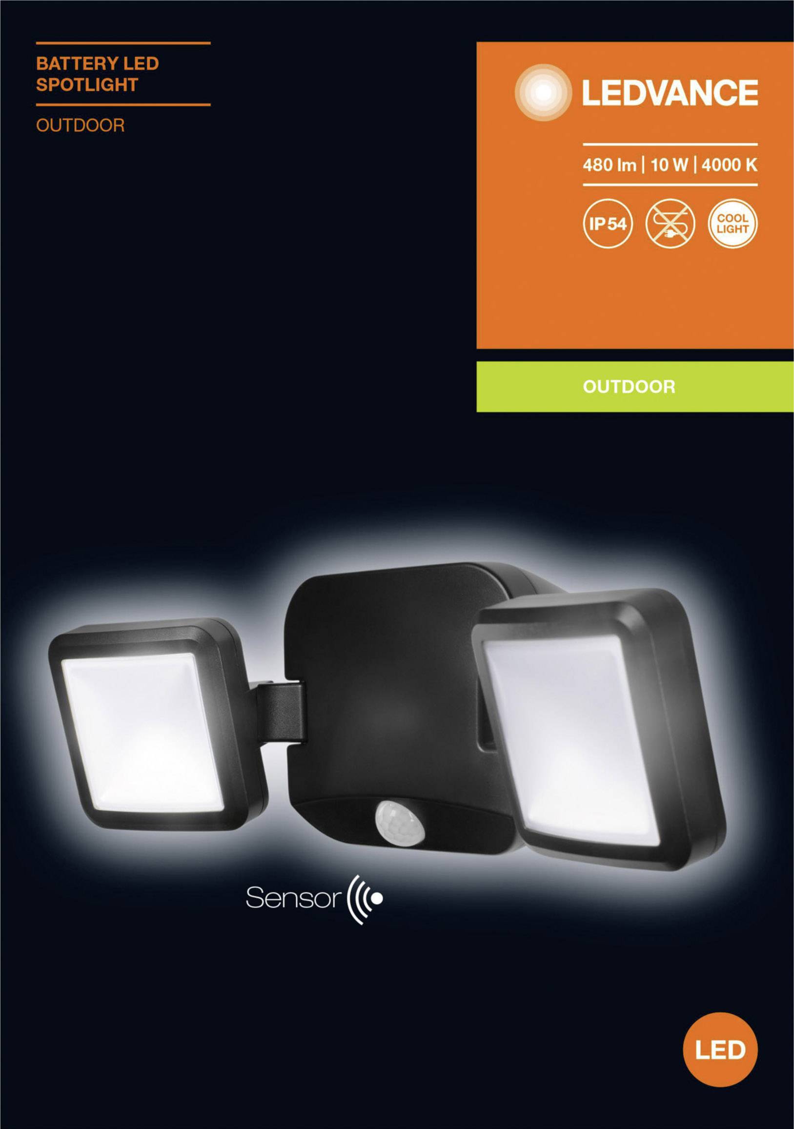 'LED outdoor floodlight with sensor, 480 lumens, 10 W, 4000 K. Battery-operated, IP54 protection rating. Suitable for outdoor areas.'