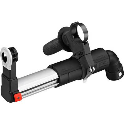 Dust extraction adapter made from black, robust material with handle and connecting piece, displaying measurement markings and Bosch logo.