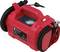 Red portable air compressor with pressure gauge and hose, suitable for inflating tyres and leisure items.