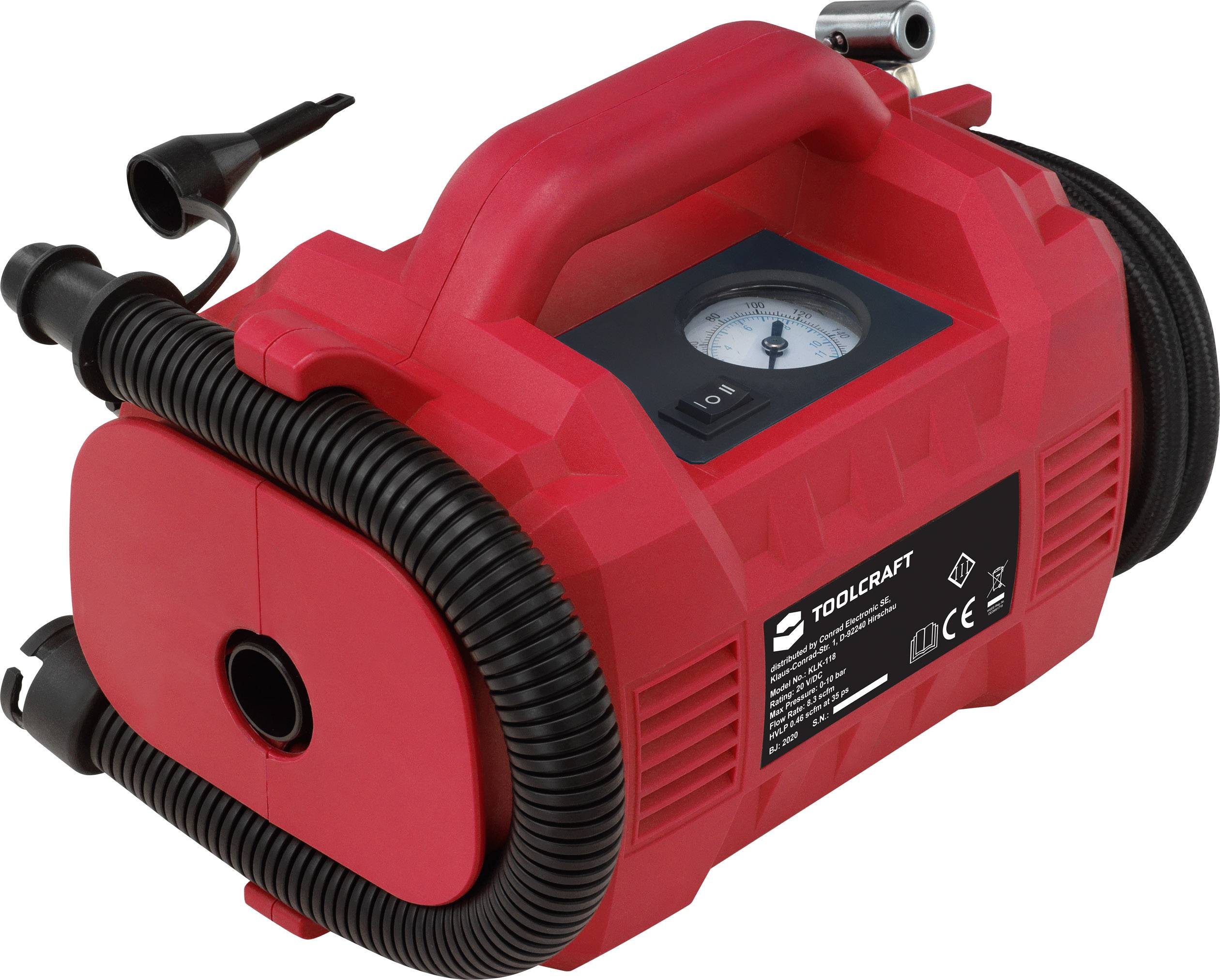 Red portable compressor device with a pressure gauge on top and multiple connections for hoses.