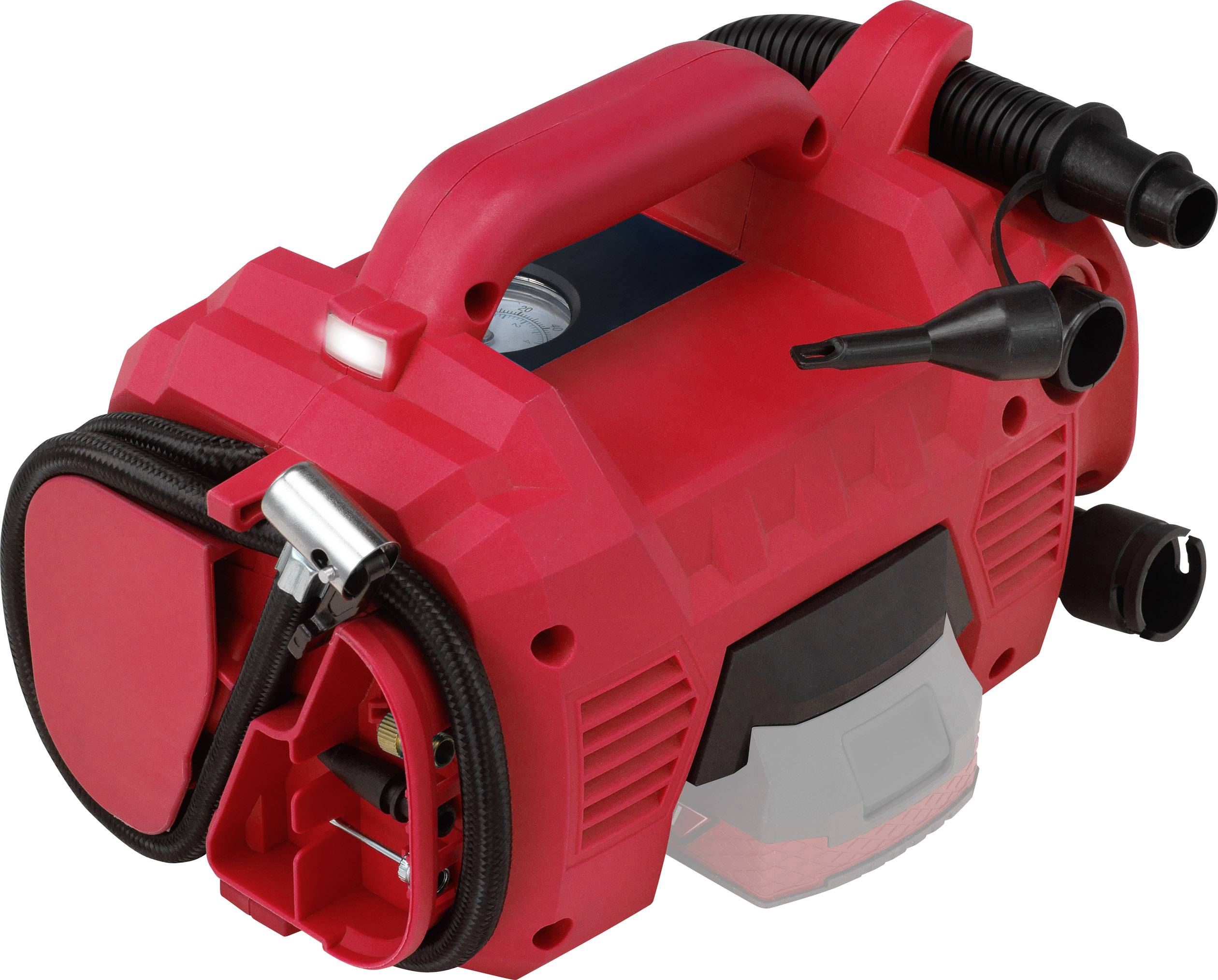 A red portable air compressor with hose and attachment, suitable for inflating car tyres and sports equipment.