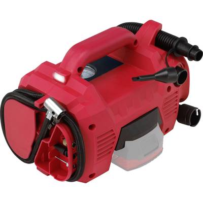 A red portable air compressor with hose and attachment, suitable for inflating car tyres and sports equipment.