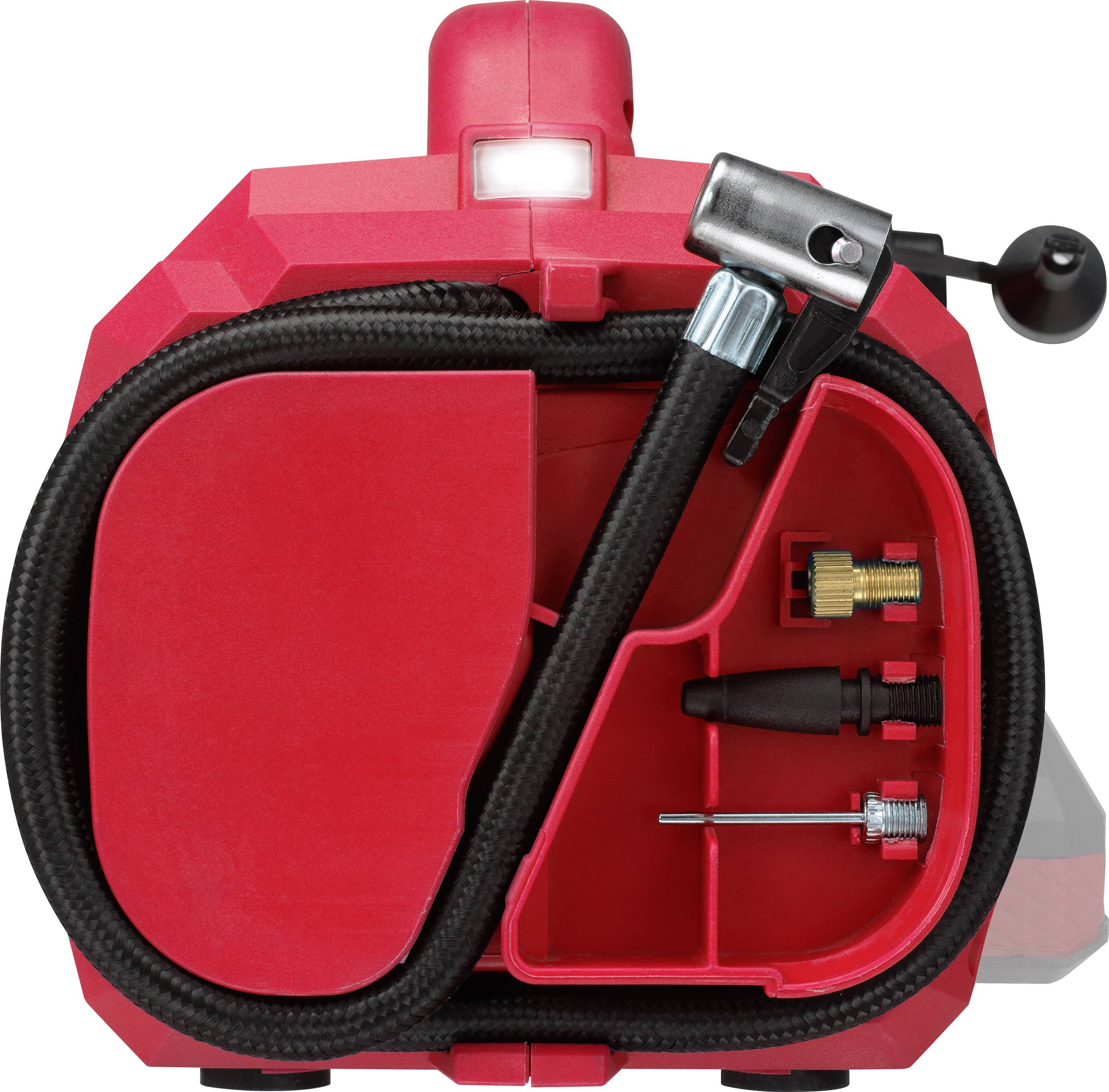 Red portable compressor with hose and accessories, including various nozzles and adapters, ideal for tyre inflation and pneumatic work.