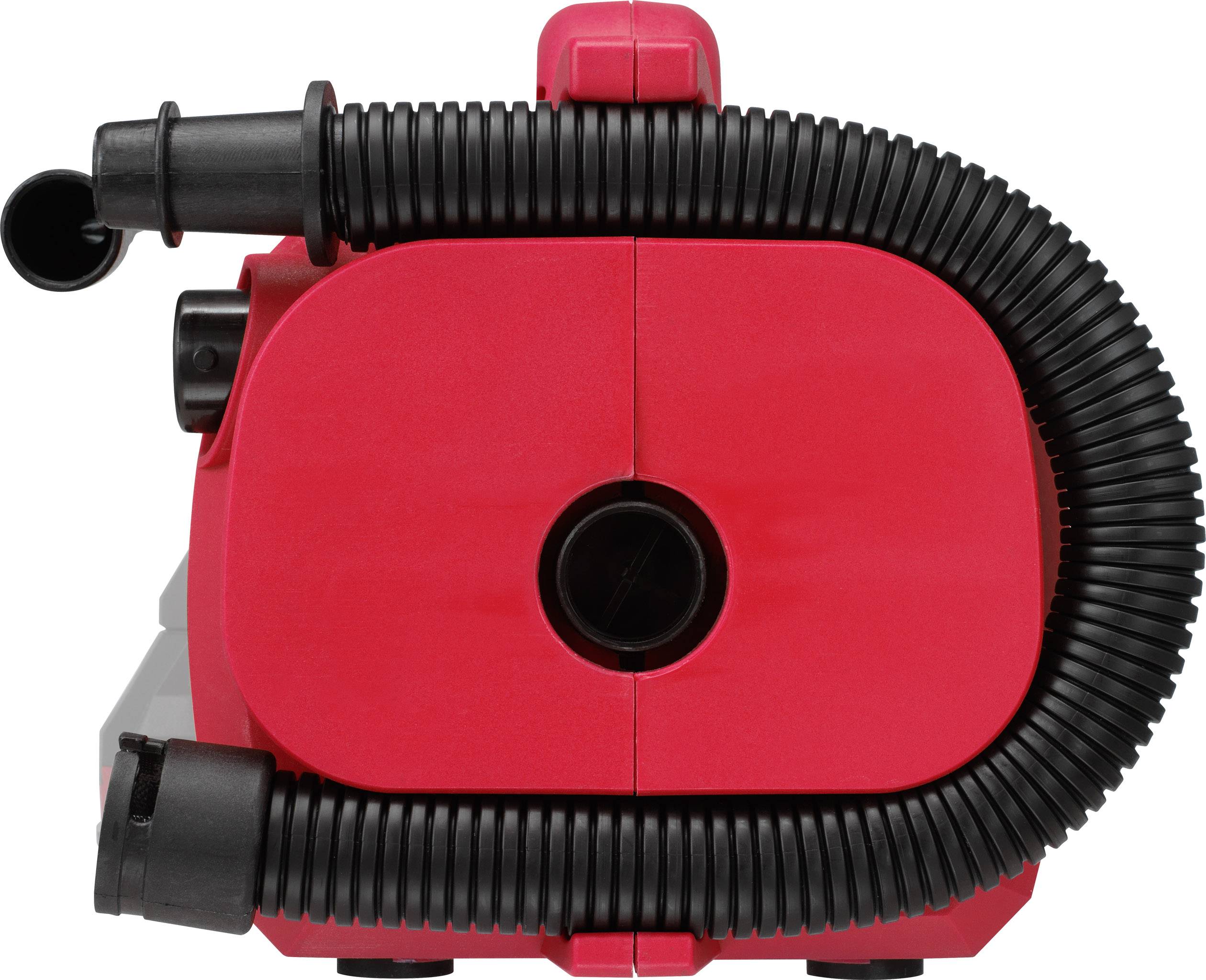 Red portable vacuum cleaner with flexible hose, front view.