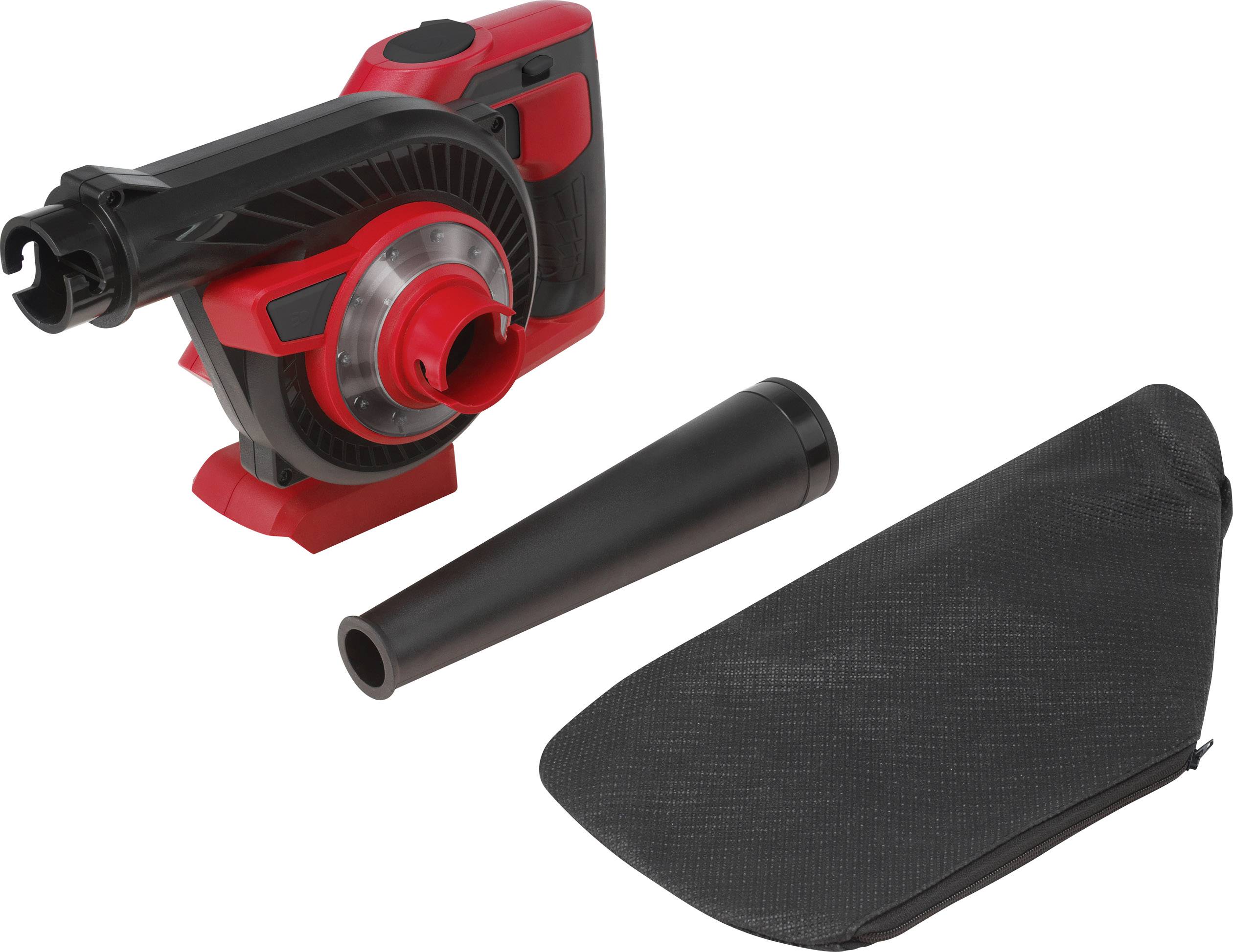 Red and black handheld vacuum cleaner with nozzle and dust bag.