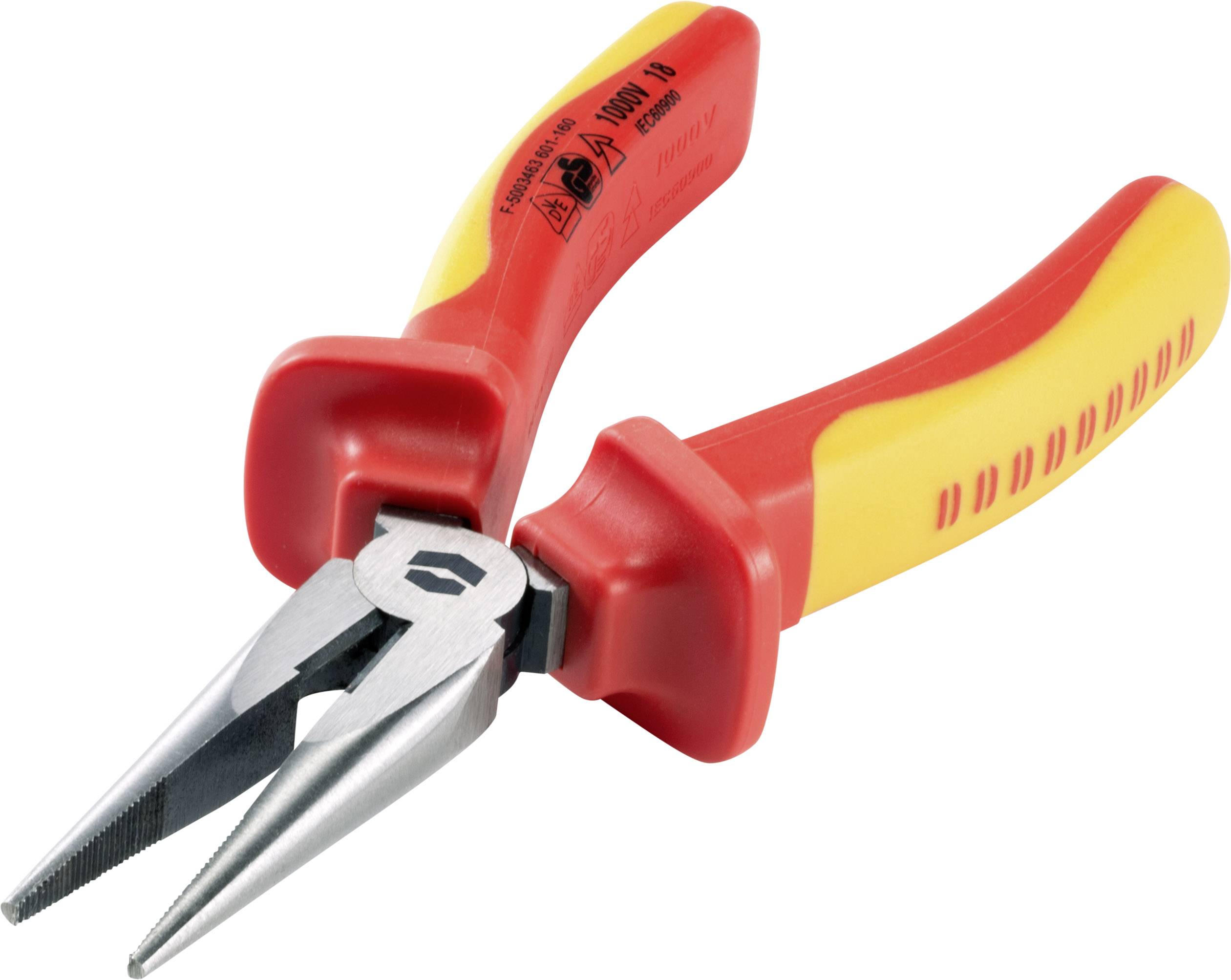 Red and yellow pointed pliers with coated handles, suitable for electrical work.