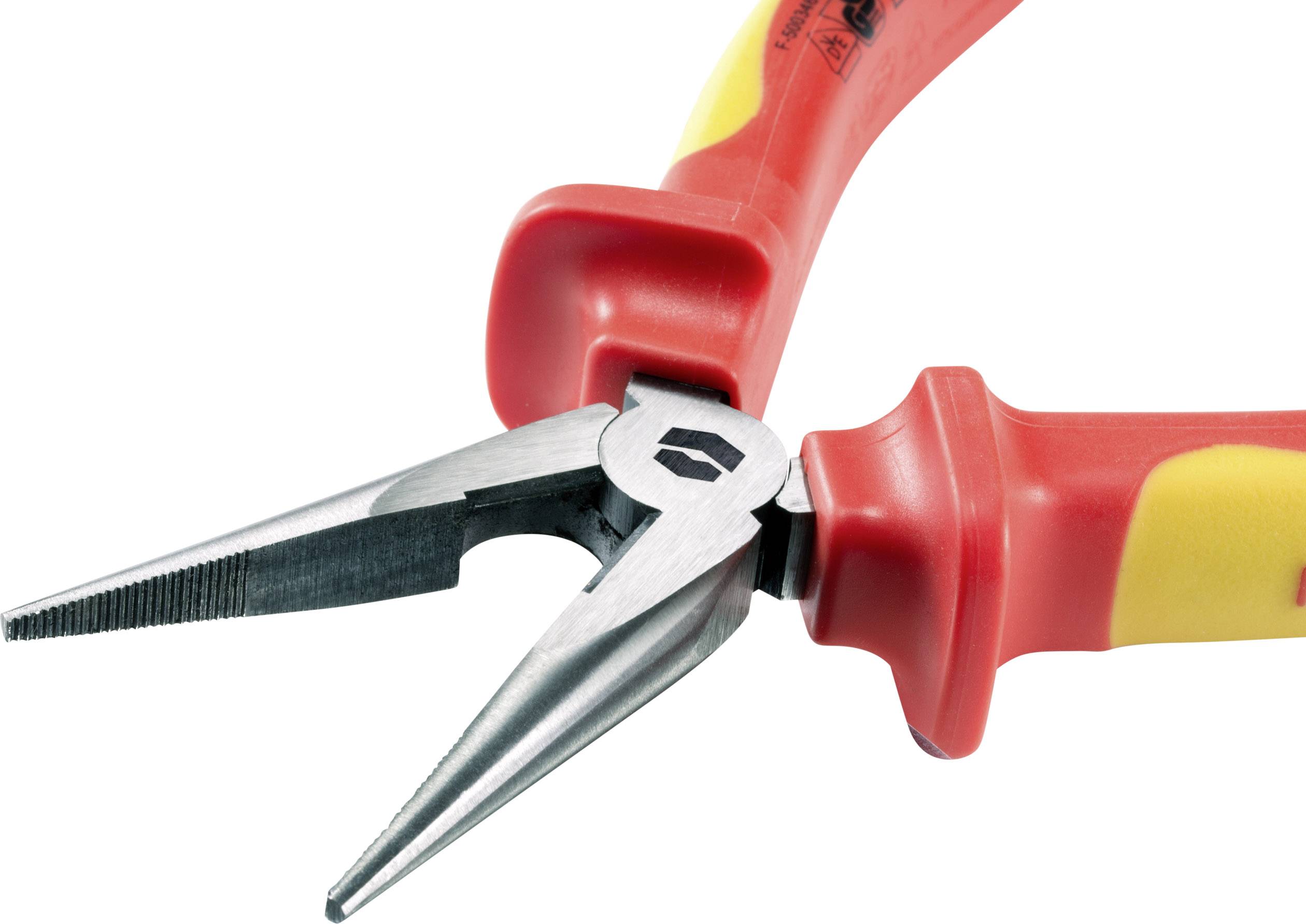 A red and yellow needle-nose pliers with insulated handles.