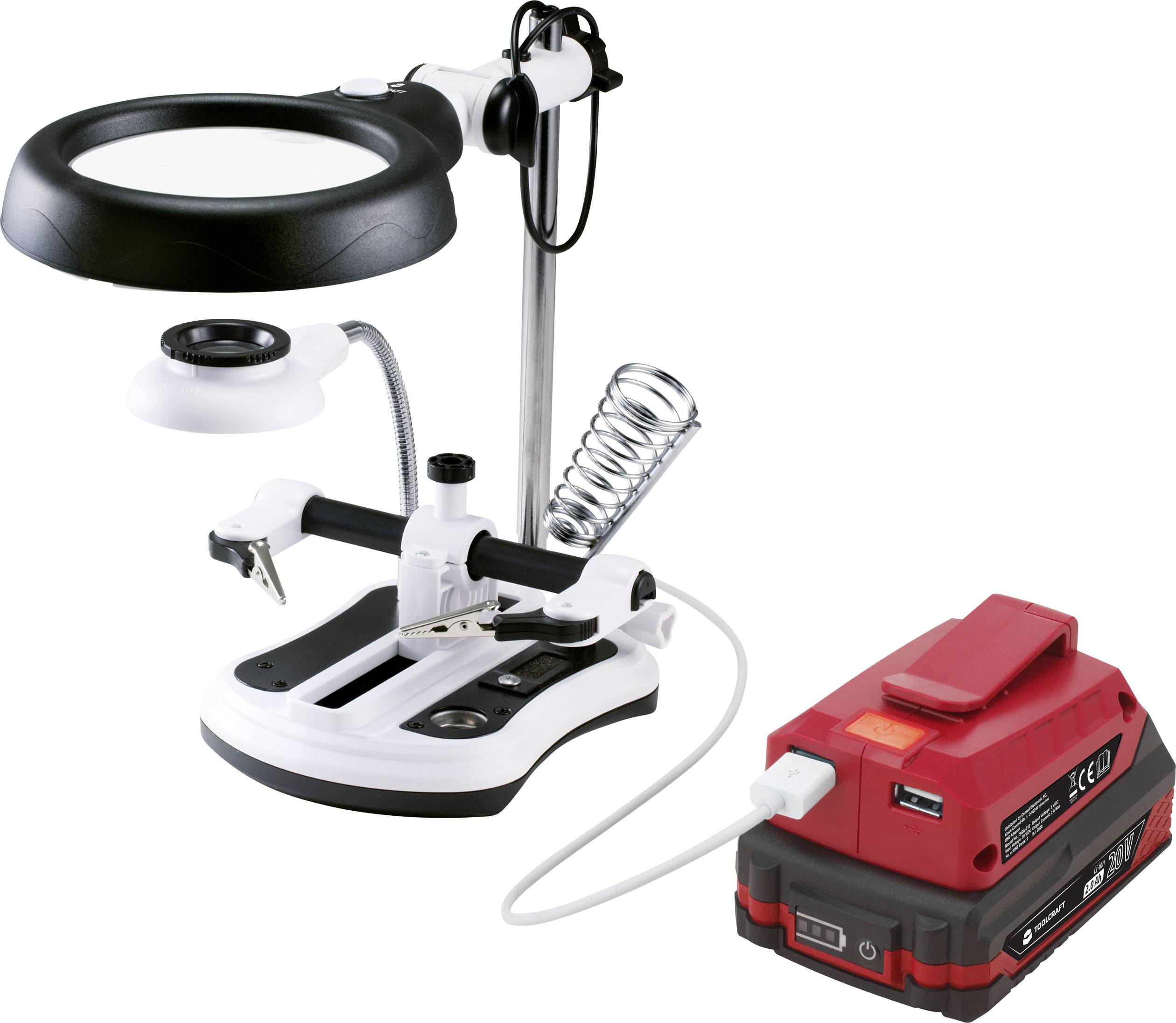 Soldering station with magnifying glass, soldering iron stand, flexible mounting and USB connection. Ideal for precise soldering of small components.