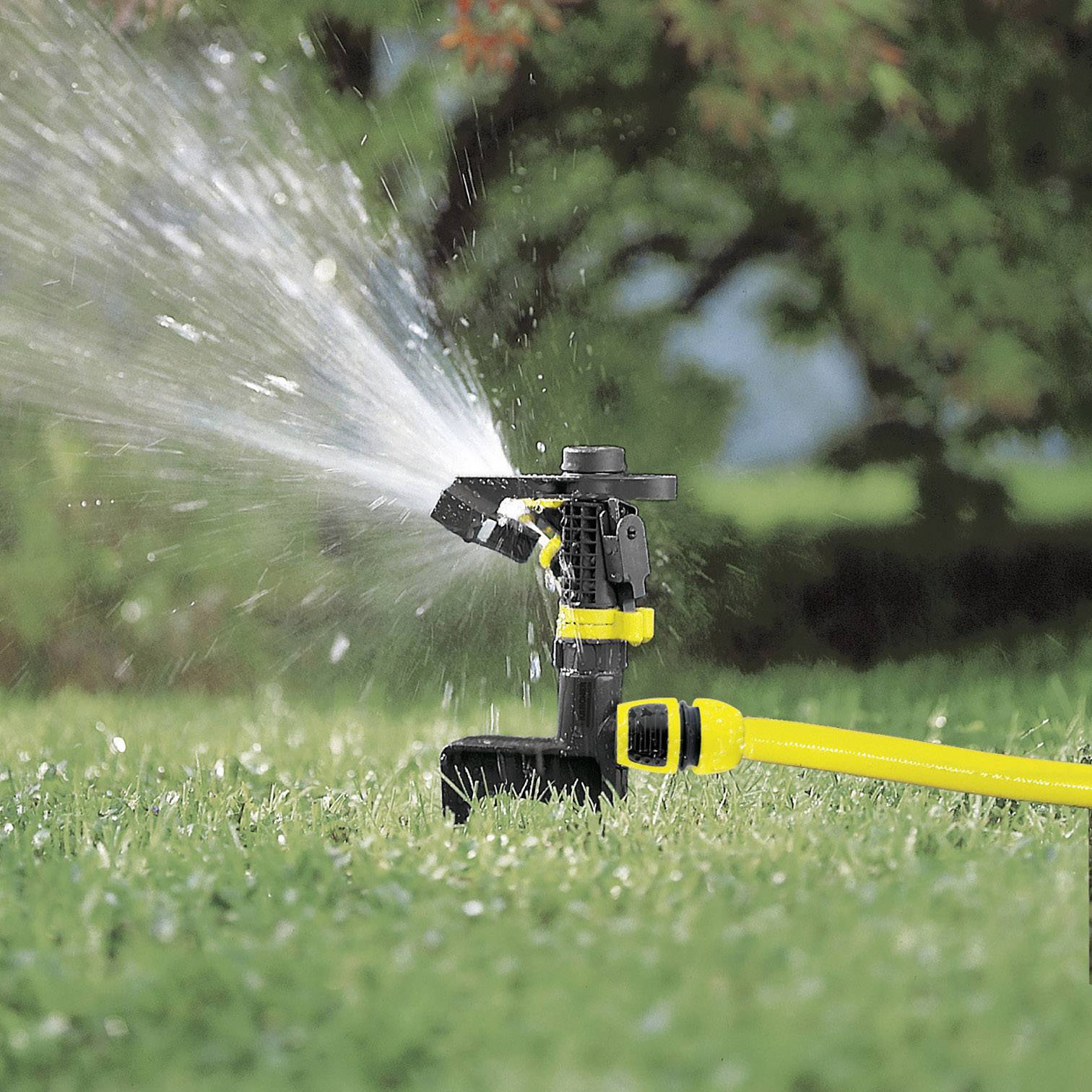 A lawn sprinkler is spraying water in an even arc onto green grass. The background shows blurred bushes.