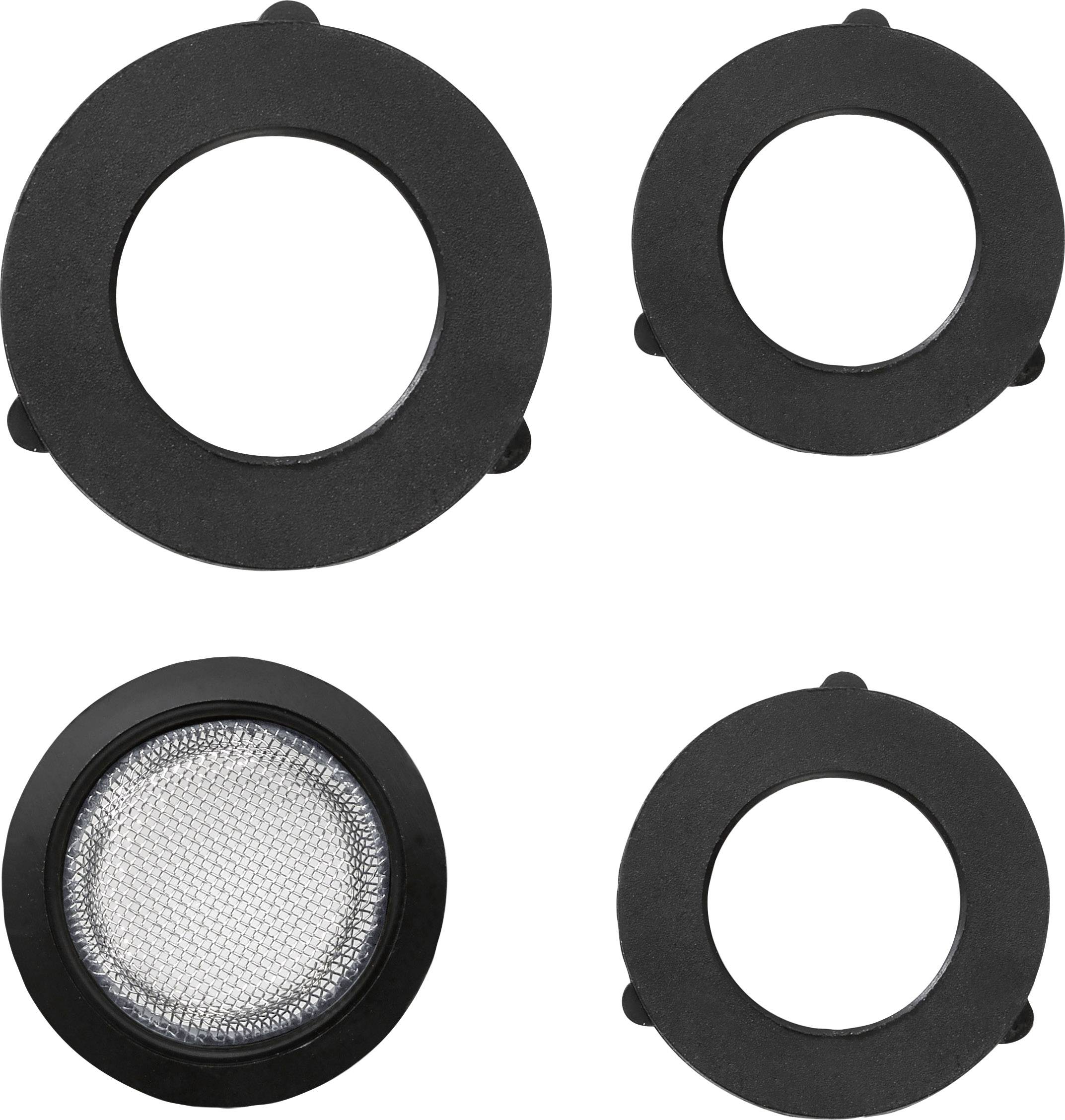 Four black aperture rings with different internal thread diameters, one with a fine mesh grid. They are arranged on a white background.