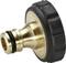 Figure of a brass garden hose connector with black plastic threading and seal. Suitable for garden irrigation systems.