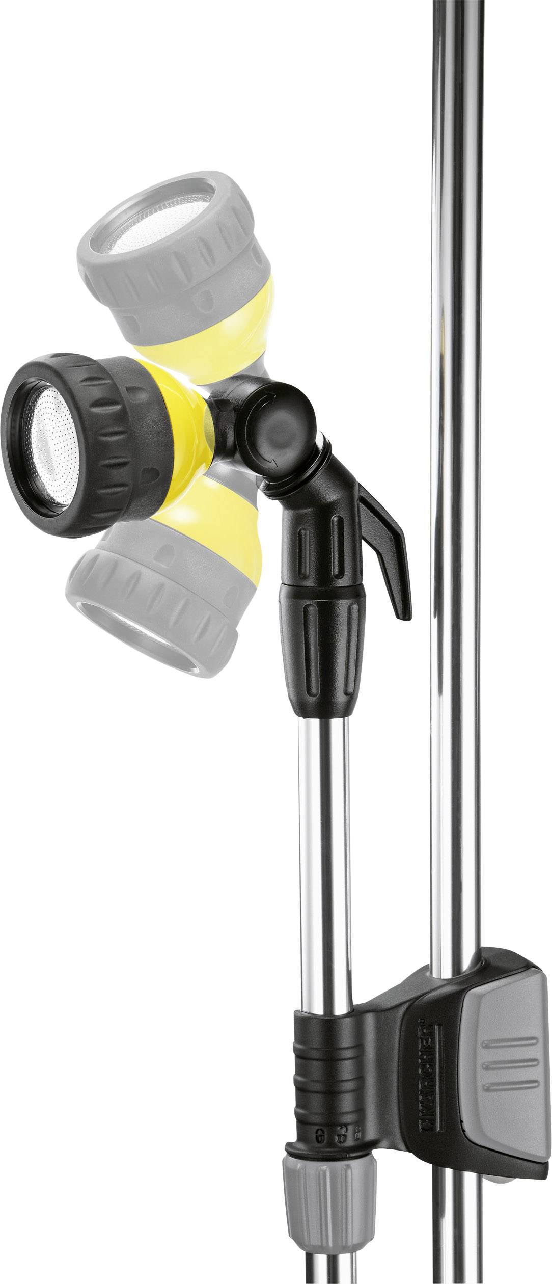 An adjustable double-nozzle sprinkler piece on a chrome-plated stand, suitable for garden irrigation.