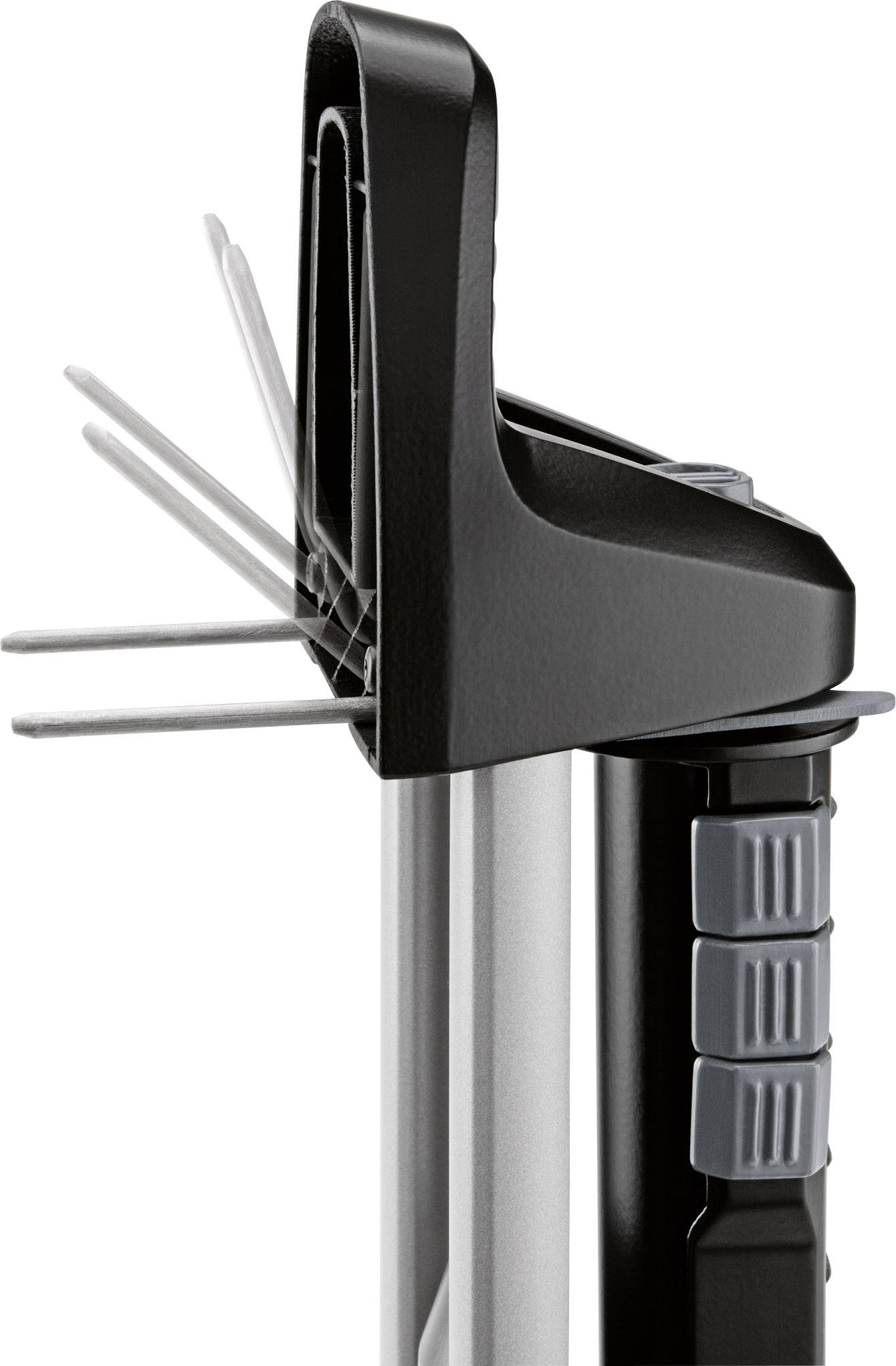 Adjustable black mounting bracket with multiple protruding metal pins on a vertical rod, likely part of a device.