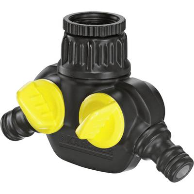 Black garden hose distributor with two yellow regulators and two connections, suitable for attaching to a tap.