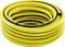 A yellow garden hose is tightly coiled into a roll. The hose has a black line running along its length.