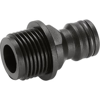 Black, ribbed plastic adaptor with thread on one side and smooth opening on the other, for pipe connections.