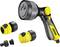 Garden spray gun with accessories in Yellow and Black. Includes various nozzle attachments for watering plants.