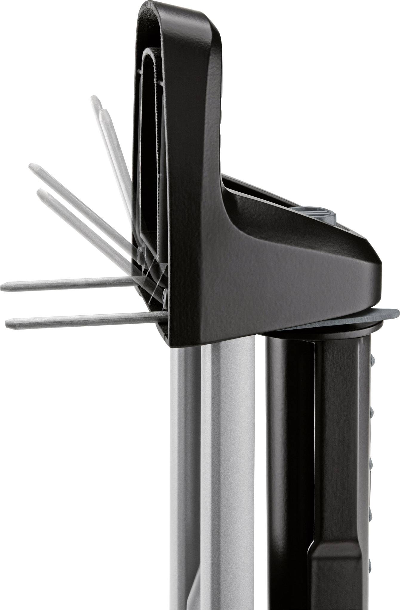 'Black metal document holder with adjustable arms for holding sheets, mounted on a vertical stand.'