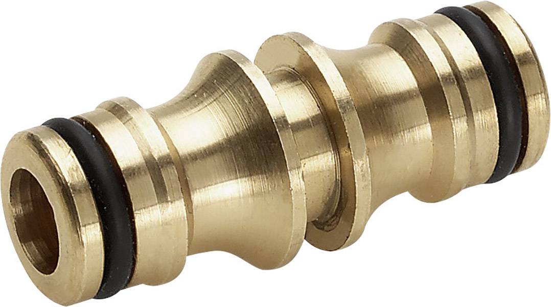 Brass connector with two O-rings, suitable for hose connections in garden irrigation systems.