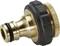 Brass garden hose adaptor with black plastic handle; enables connection of a hose to a tap.