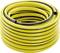 Yellow garden hose coiled up, with a black stripe running along its length.