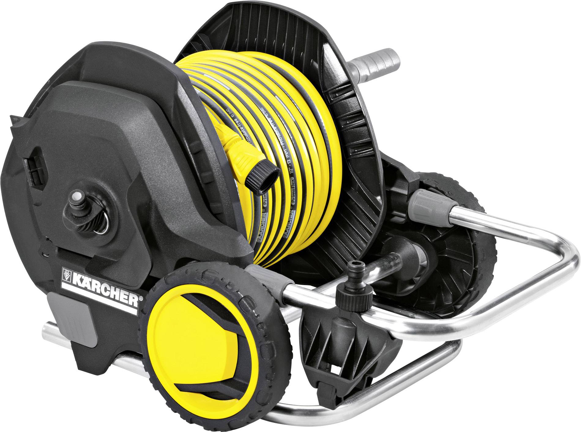 A yellow garden hose on a black and yellow Kärcher hose reel, mounted on a sturdy metal frame with wheels.