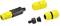 'Three yellow and black garden hose connectors, two with screw attachment and one with a push-fit connection, on a white background.'