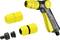 Three yellow garden hose connectors and a yellow-black spray gun with an ergonomic handle; all are from the Kärcher brand.