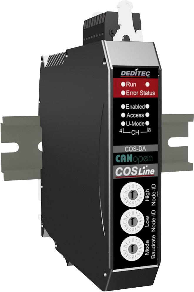Electronic device for DIN rail with LEDs for "Run" and "Error Status". Labelled with 'CANopen COSLine', suitable for industrial applications.