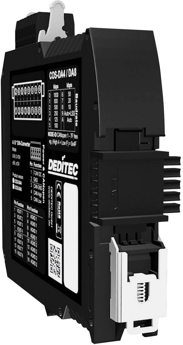 Industrial module in black with multiple connections and technical specifications on the front. Used in control systems.