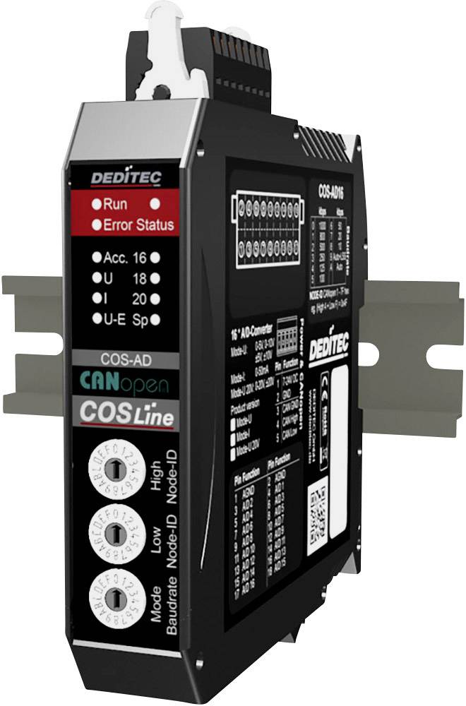 Electronic module on DIN rail with LED indicators for status messages and connectors for industrial communication systems.