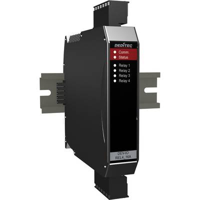 DEDITEC device displays 'Comm.' and 'Status' LEDs, along with four relay indicators: 'Relay 1' to 'Relay 4'. Mountable on DIN rail.
