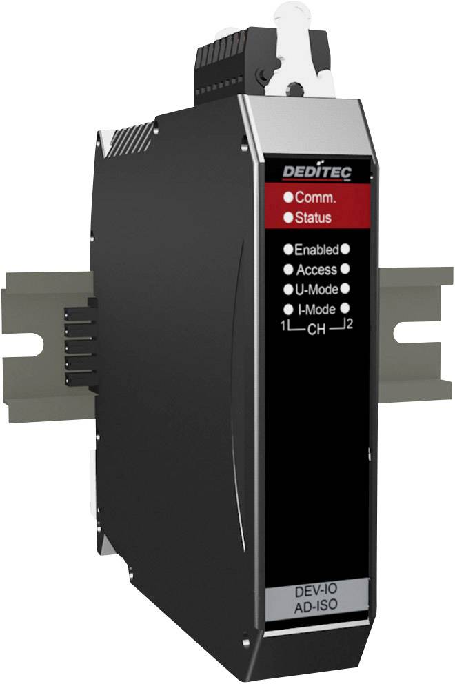 'Black electronic module with status indicators: Comm., Status, Enabled, Access, U-Mode, I-Mode, L-CH with DIN rail mounting bracket.'