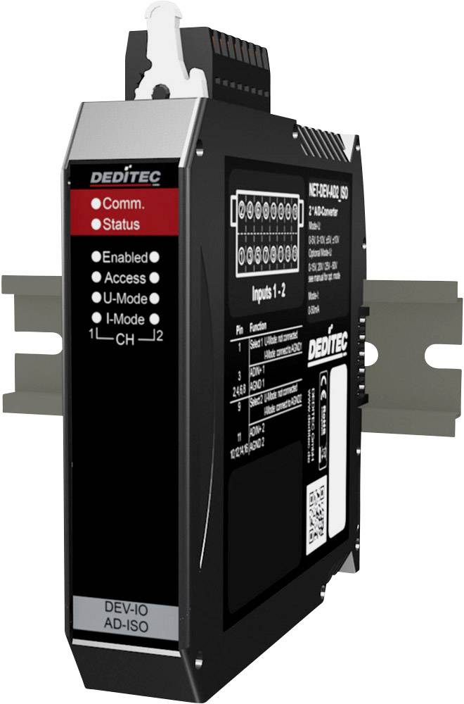 A DEDITEC industrial control unit, mounted on a rail. Display shows 'Comm. Status', with red and green lights.