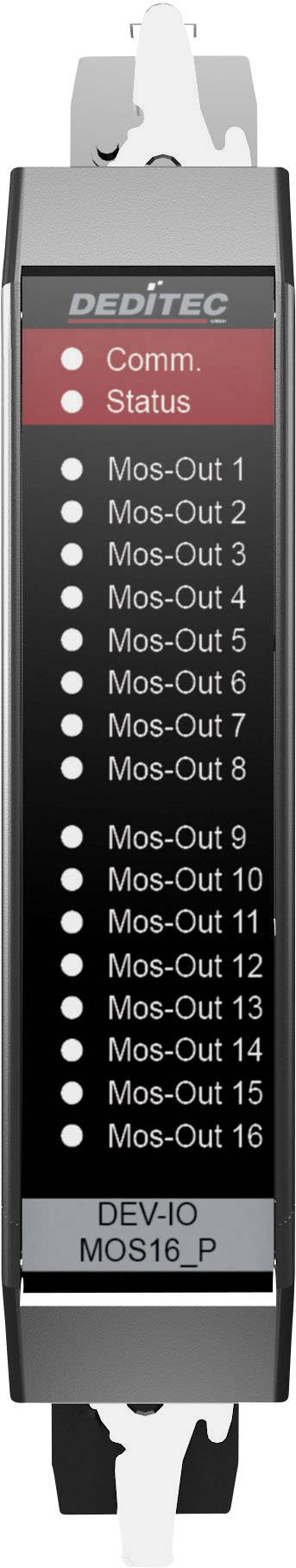 Electronic device with 16 Mosfet outputs, LED indicators for 'Comm' and 'Status', labelled as 'DEV-10 MO516_P'.