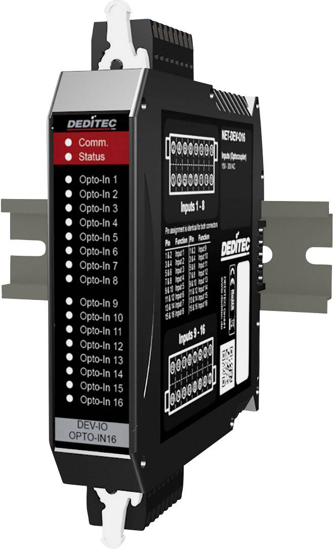 DIN rail module by DEDITECH with 16 optocoupler inputs and communication status indicator.